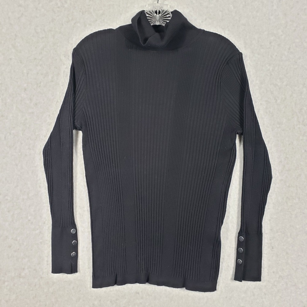 JM Collection Black Ribbed Turtleneck Sweater Long Sleeve Button Cuff PL‎